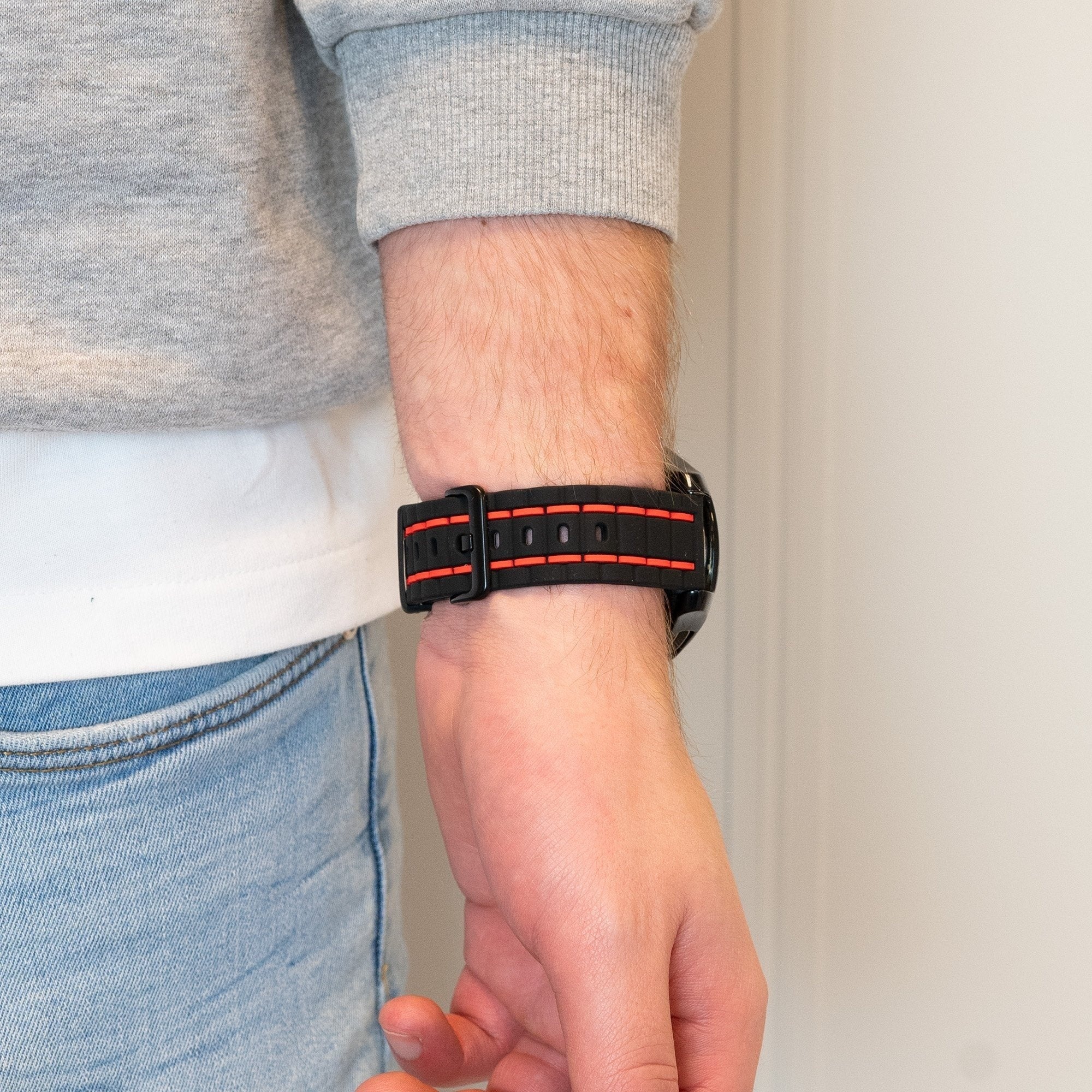 Sport Gestreept horlogebandje - 22mm - Zwart/rood