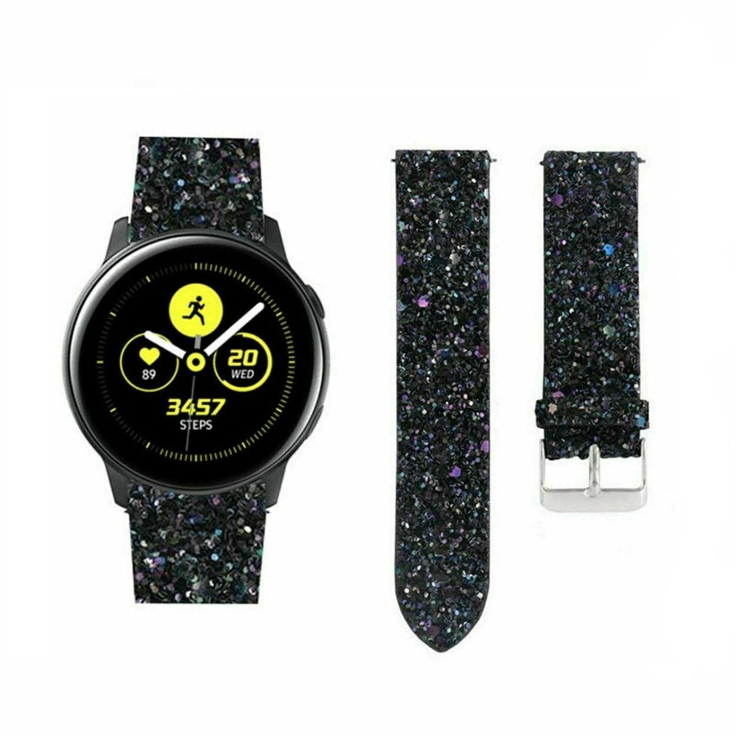 Leren Glitter horlogebandje - 20mm - Zwart